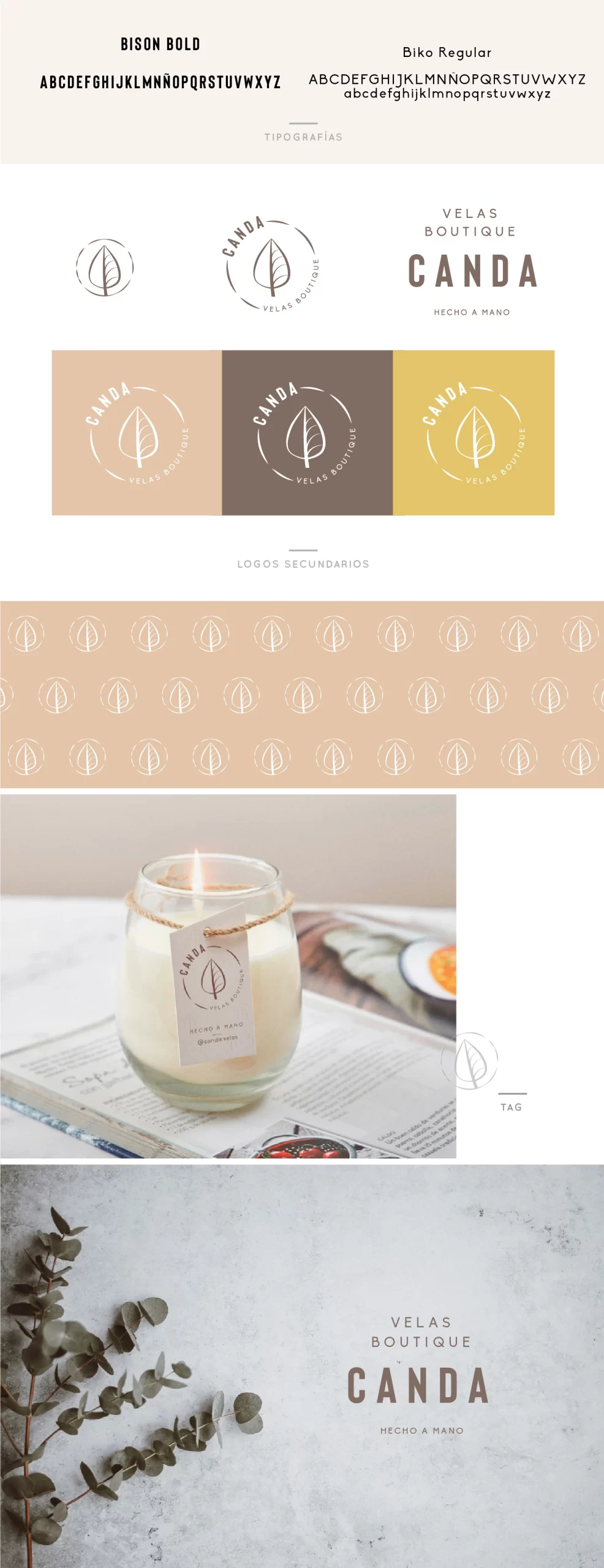 Logo secundario en variantes de color de fondo marrón, ocre y natural. Trama y tag para las velas de Canda