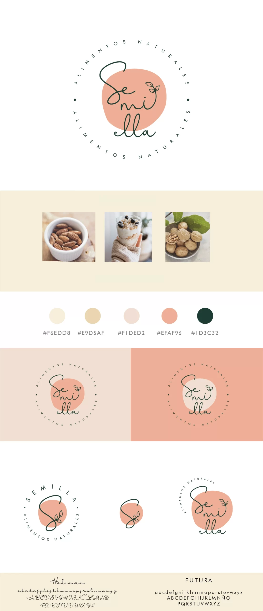 Brandboard de Semilla. Paleta de color y variantes de logotipo en color coral y natural