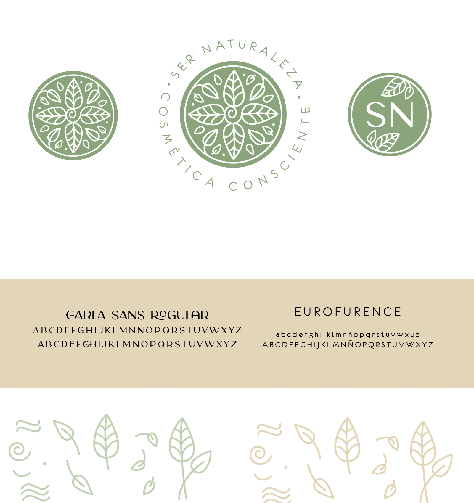 Isologos secundarios en color verde y trama con hojitas de Ser Naturaleza